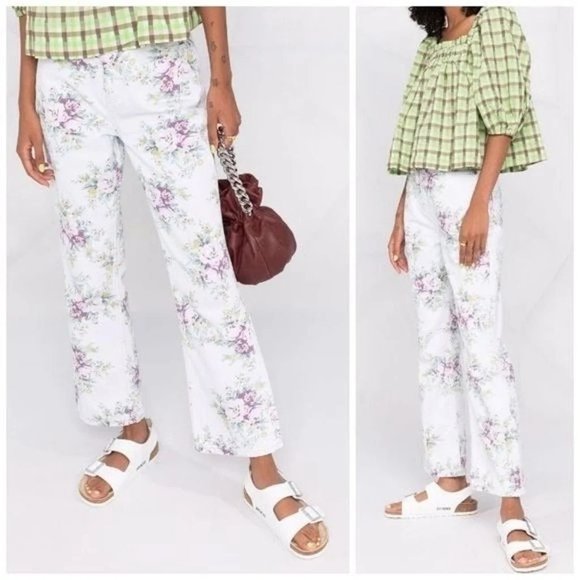 NWT Ganni Betzy Floral Organic Cotton Blend Flared Crop Jeans 27 - Picture 1 of 11